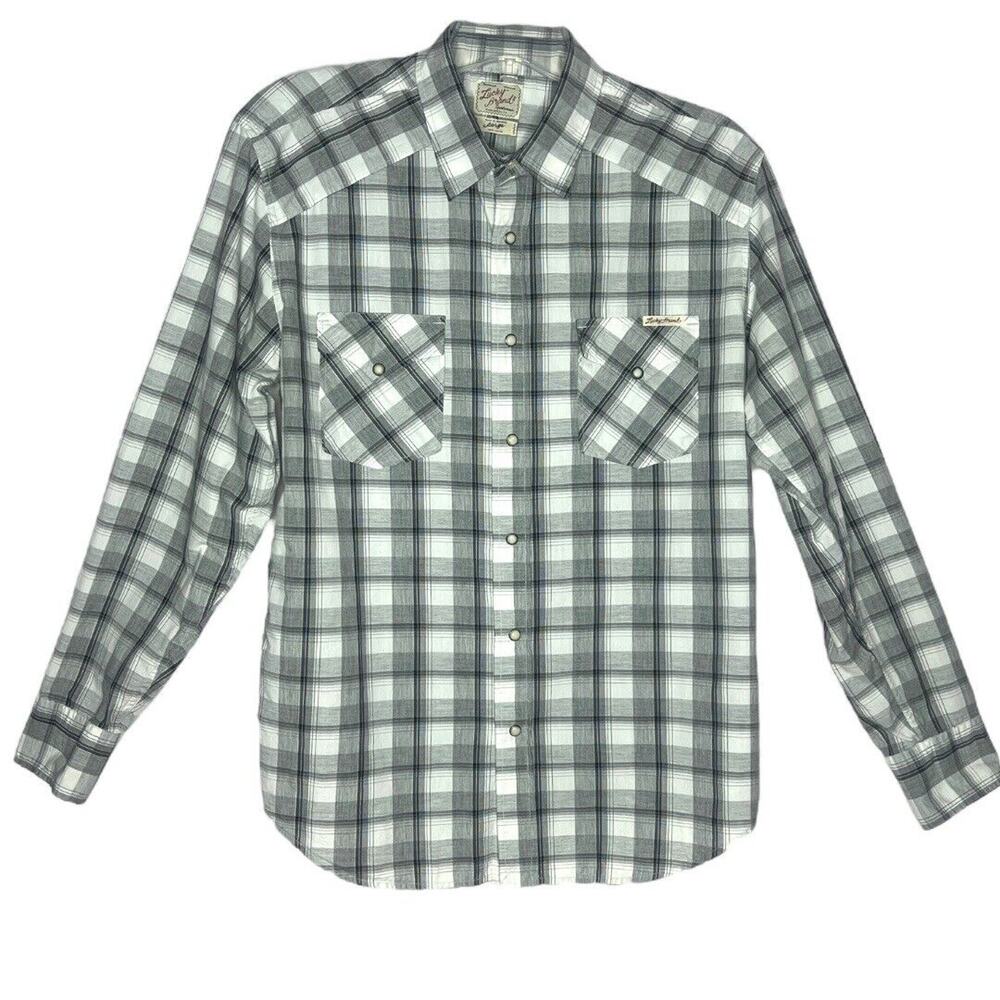 Lucky Brand Shirt Men Large Gray White Plaid Button Up Pearl Snap Cotton Western